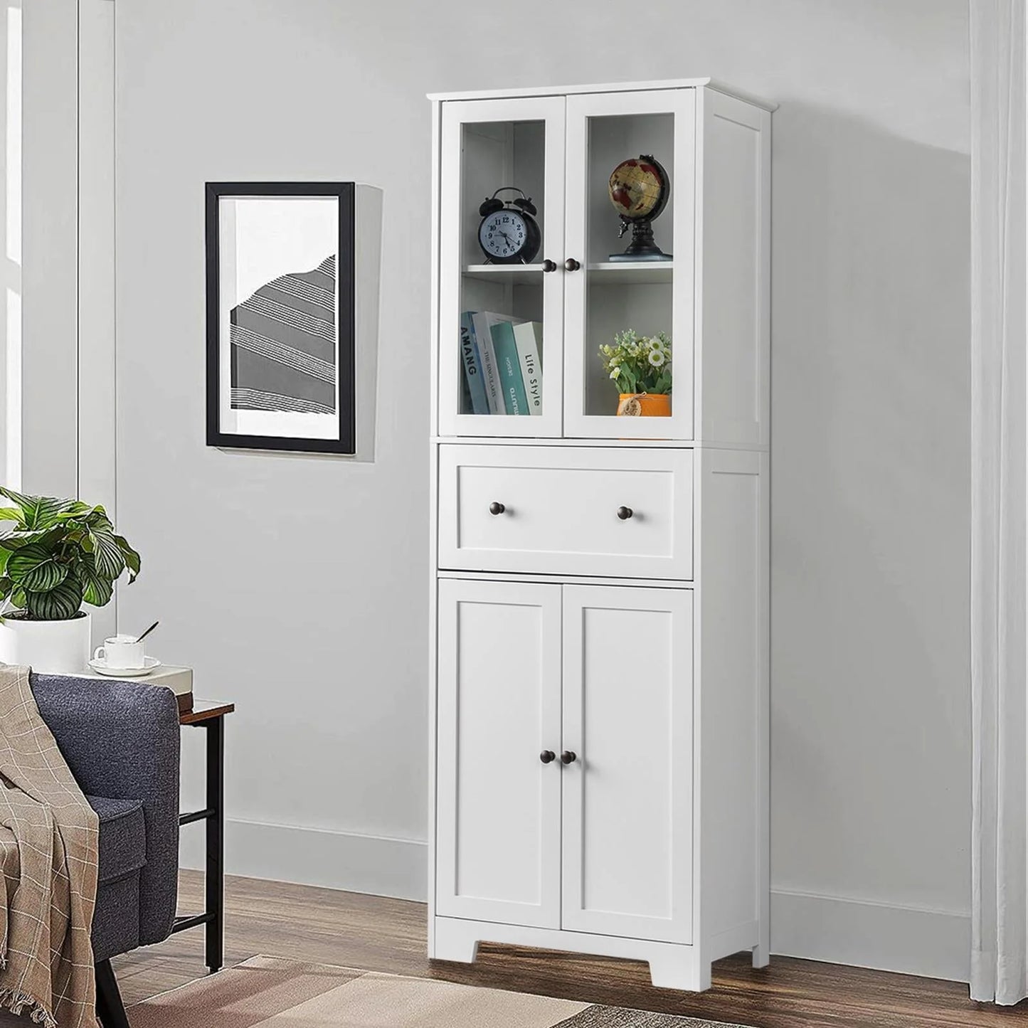 Ktaxon 64" Tall Bathroom Storage Cabinet Organizer, Freestanding Kitchen Pantry Cabinet Line Tower with 2 Glass Doors, Large Drawer & 4 Adjustable Shelves for Dining Room Living Room Home Office,White