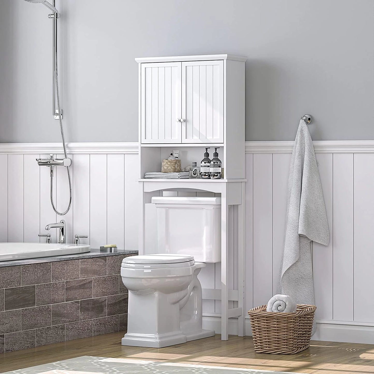 Spirich Home Bathroom Storage over The Toilet, Bathroom Cabinet Organizer with Adjustable Shelf and Double Doors, White Finish