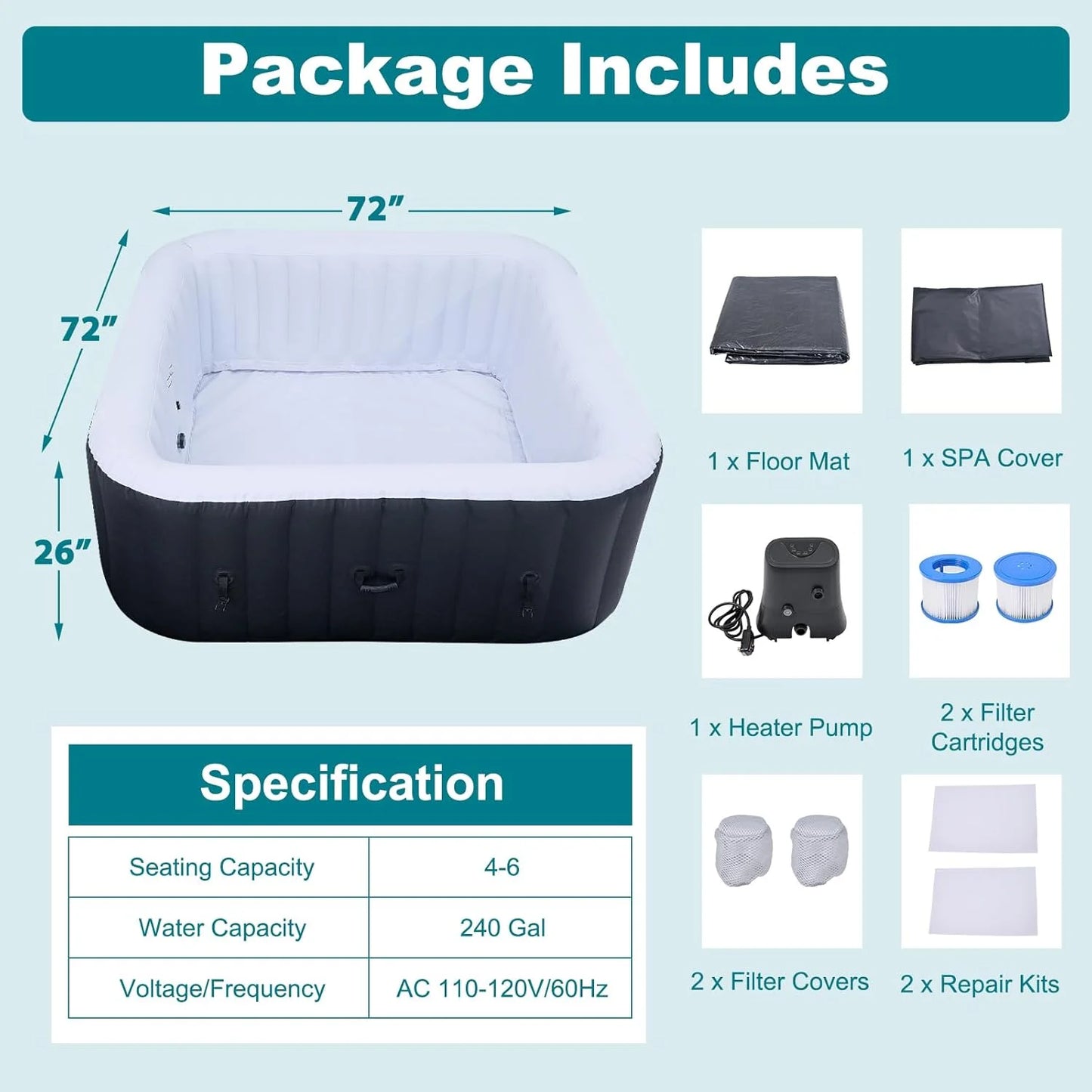 73" X 73" X 25" Inflatable Hot Tub for 4-6 Person Square, 240 Gallon Large Portable Hottub Spa with 130 Bubble Air Jets, Blow Up Spa Bathtub with LED Control Panel, 2 Filter, Temperature up to 104° F
