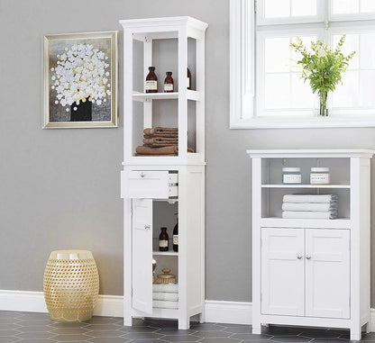 Spirich Home Bathroom Freestanding Storage Cabinet with Two Tier Open Shelves, Tall Slim Cabinet with Door and Drawer, Free Standing Linen Tower 15.75 ''(White with Drawer)