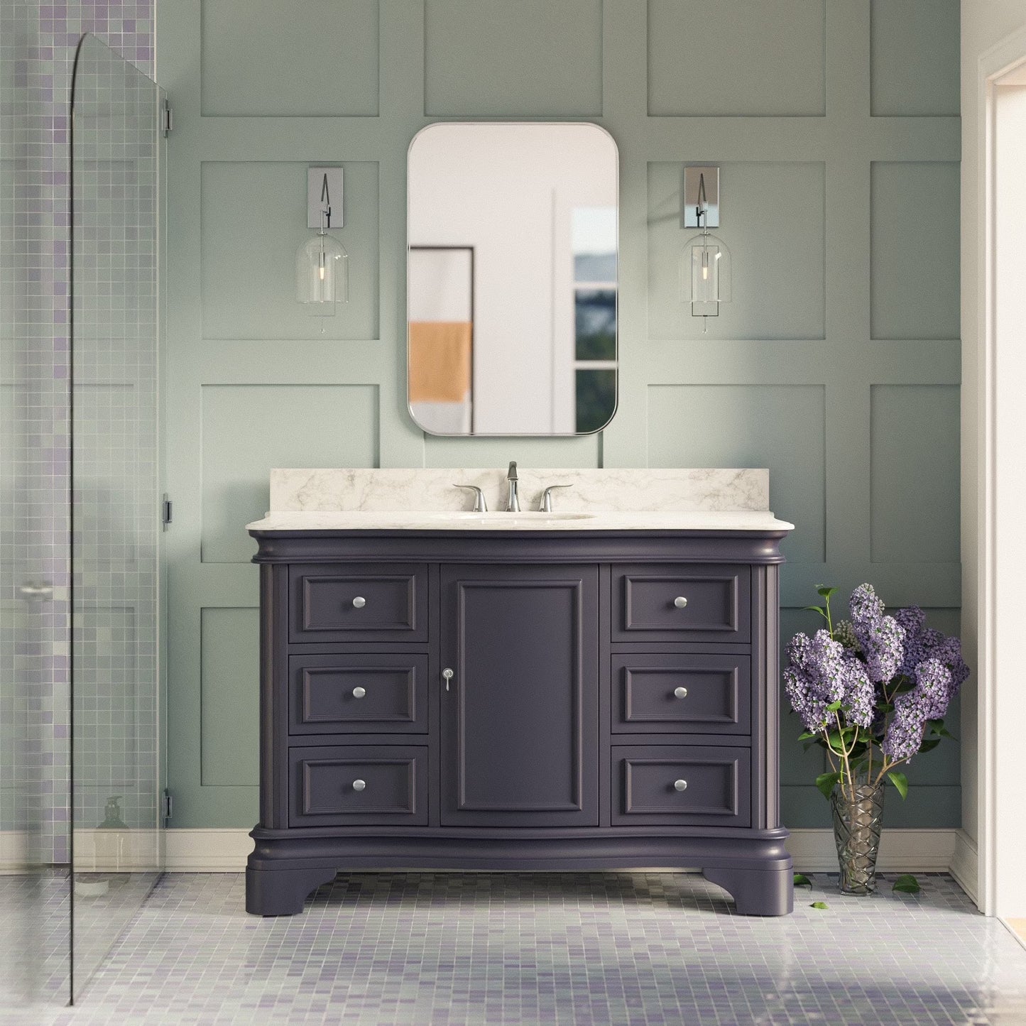 Katherine 48" Bathroom Vanity with Royal Blue Cabinet and Carrara Marble Top