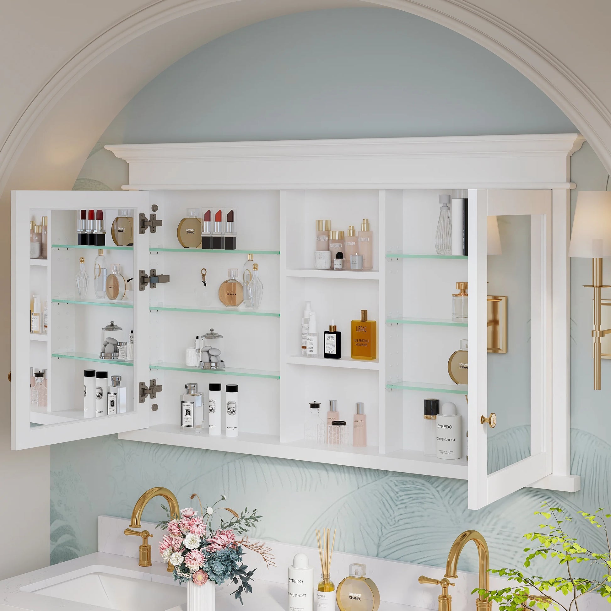 FORCLOVER 55"x 32" Bathroom Medicine Cabinet with 6 Adjustable Shelves, Recessed Mount Wooden Medicine Cabinet Storage with Mirrors and Soft-Close Door, White