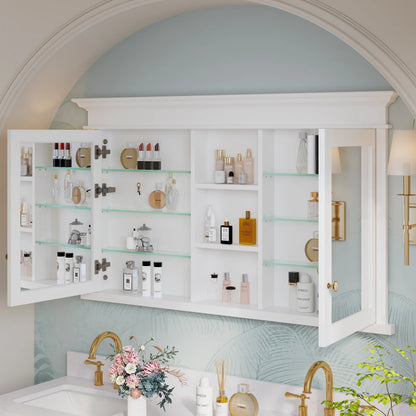 FORCLOVER 55"x 32" Bathroom Medicine Cabinet with 6 Adjustable Shelves, Recessed Mount Wooden Medicine Cabinet Storage with Mirrors and Soft-Close Door, White