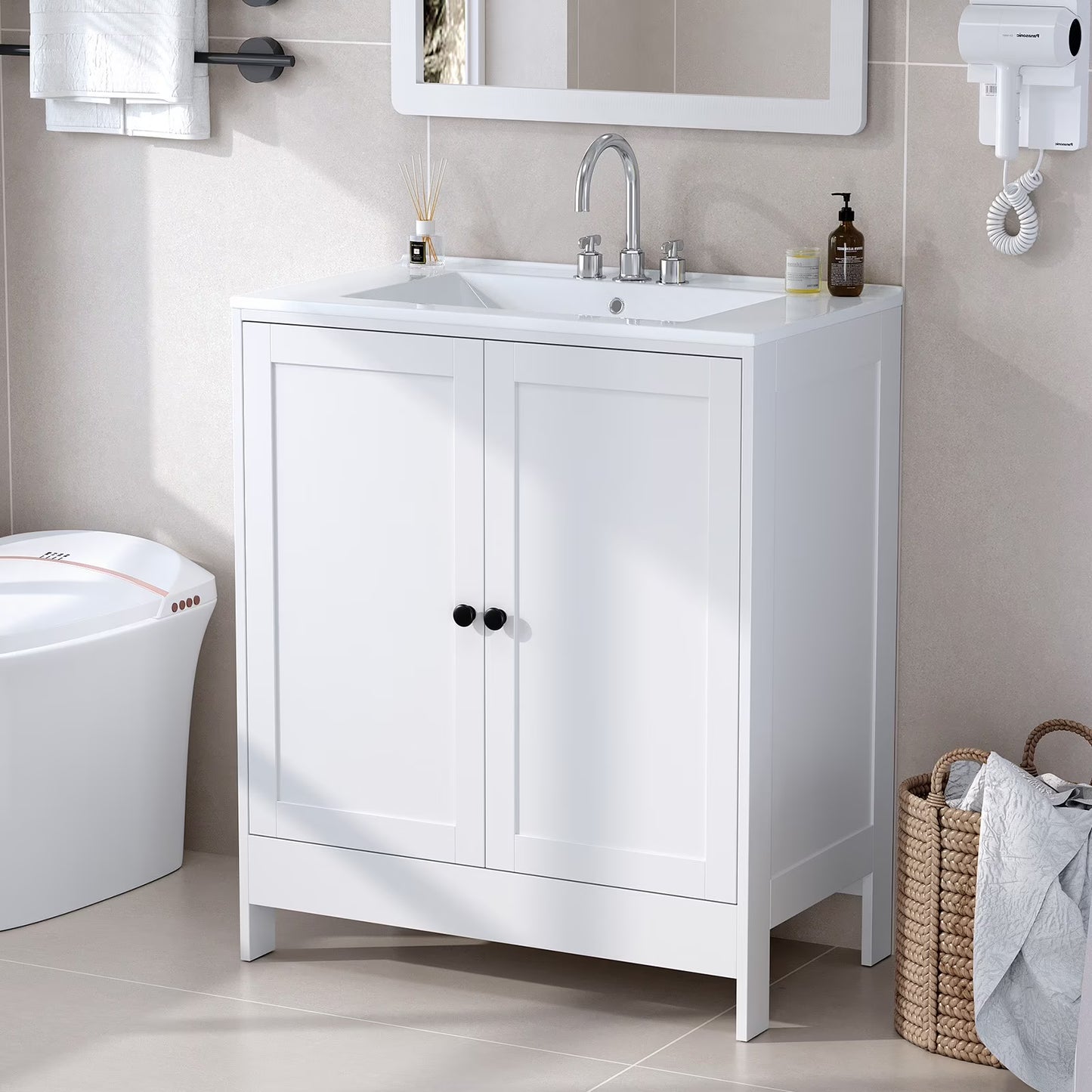 Ktaxon Modern 36'' Bathroom Vanity Set with Sink Ceramic Top, Freestanding Cabinet Storage Space Saver, White (Split Two Packages for Delivery)