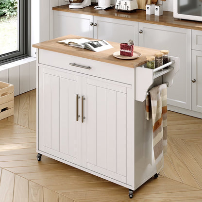 Pingliang Home Rolling Kitchen Storage Carts with Towel Rack and Drawers, Kitchen Island with Wheel,Rubberwood,White, 35"