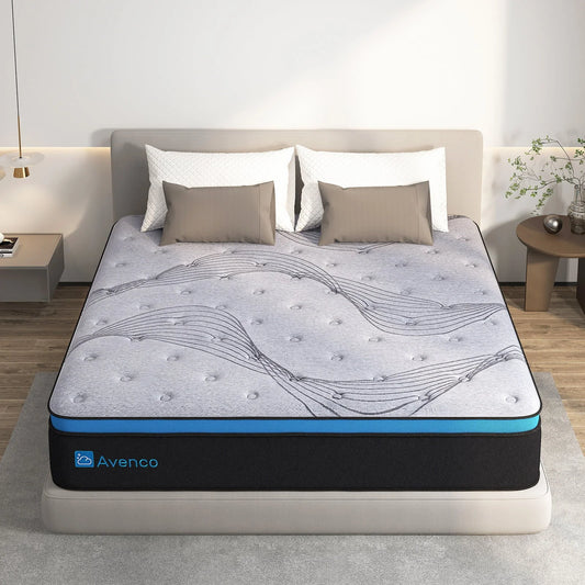 Avenco Queen Size Firm, 12-Inch Hybrid Mattress in a Box, Innerspring and Gel Memory Foam, Gray, Pillow Top