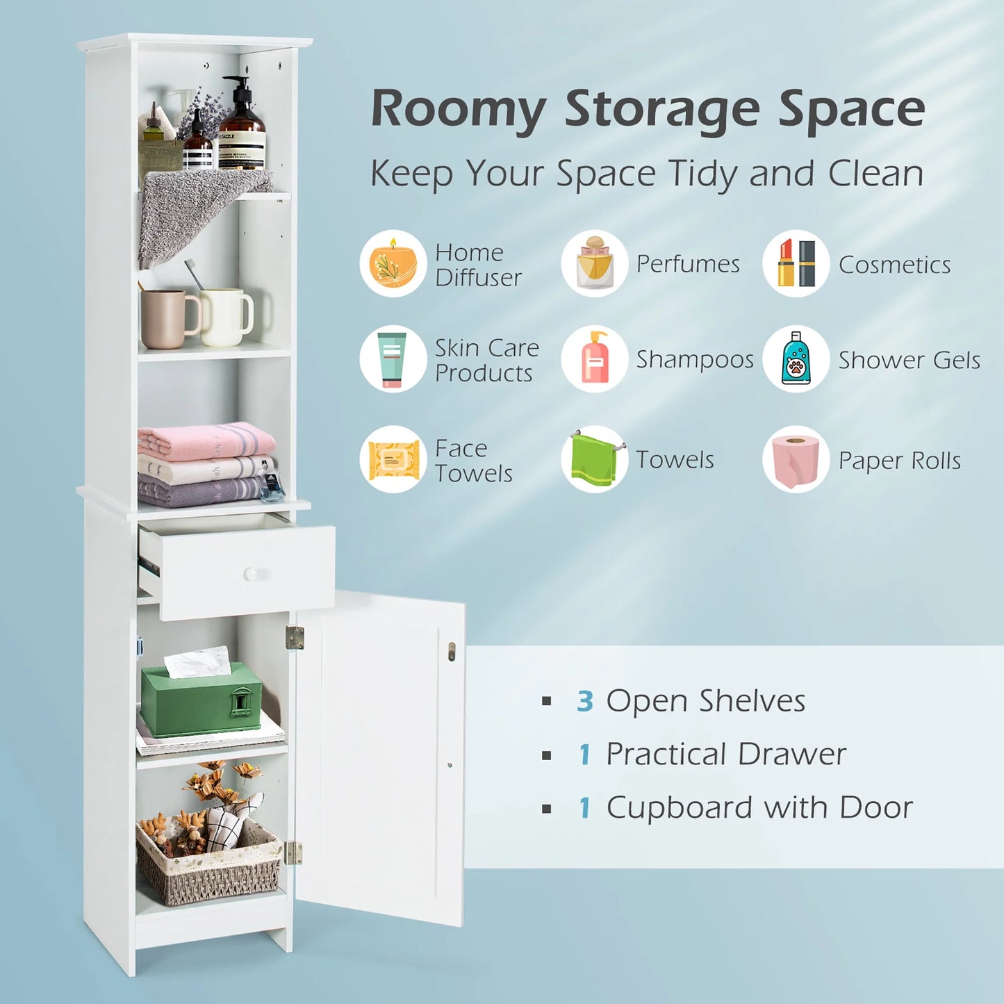 Costway Bathroom Tall Storage Cabinet Freestanding Linen Tower w/Open Shelves & Drawer