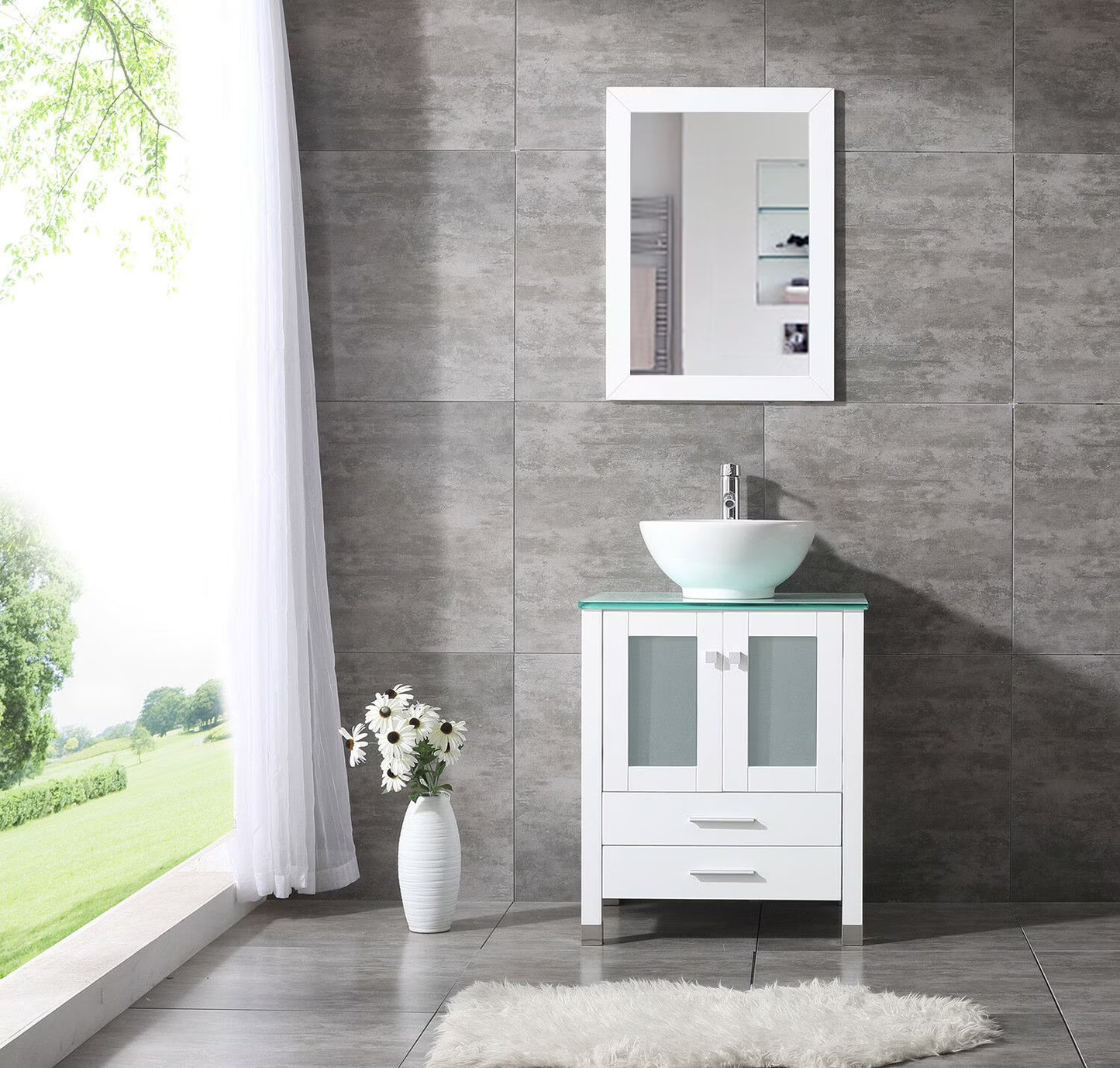 Wonline 24" Bathroom Vanity Cabinet Ceramic Sink Faucet Drain Combo w/Mirror Set White