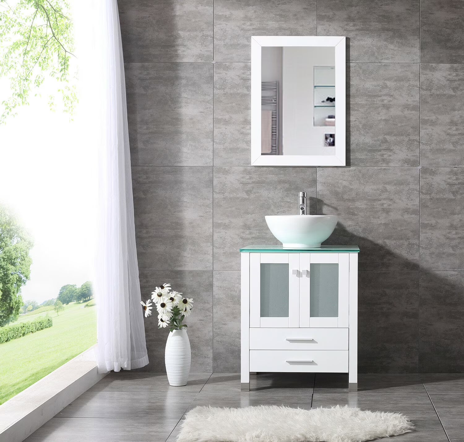 Wonline 24" Bathroom Vanity Cabinet Ceramic Sink Faucet Drain Combo w/Mirror Set White