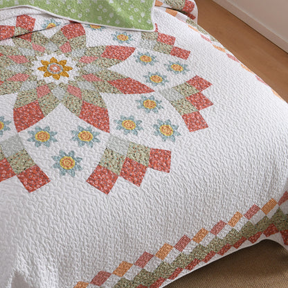 3 Pcs 100% Cotton Sunflower Pattern Patchwork Quilt Bedspread Set|Farmhouse Bedding Set for All Seasons