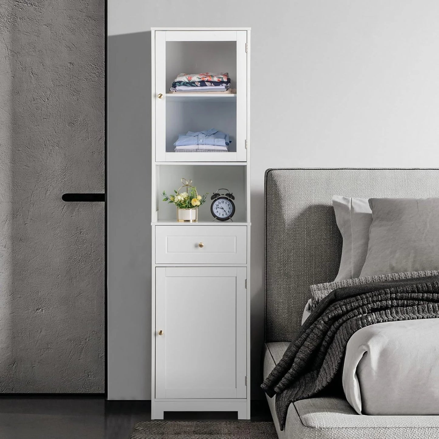 Ktaxon Large Bathroom Tall Storage Cabinet Organizer, Freestanding Line Tower Pantry Cabinet with Adjustable Shelves and 2 Cupboards for Kitchen Living Room Bedroom Office, 18"x13"x71", White