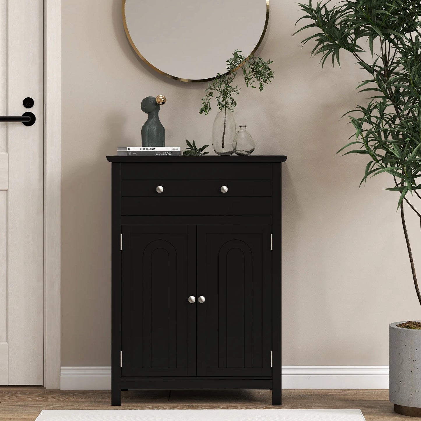 Topbuy Freestanding Bathroom Storage Cabinet Floor Cabinet with Drawer Doors and Adjustable Shelf for Storage Black