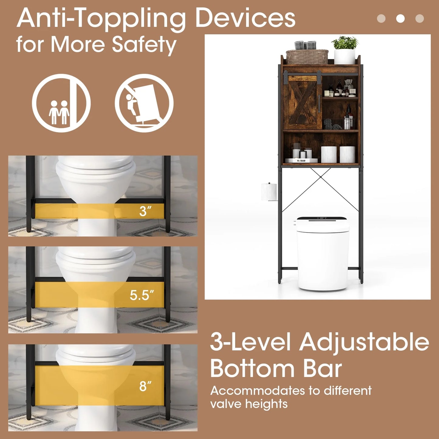 Topbuy Over The Toilet Storage Cabinet 4-Tier Bathroom Organizer w/Adjustable Shelves Sliding Barn Door & Toilet Paper Holder Rustic Brown