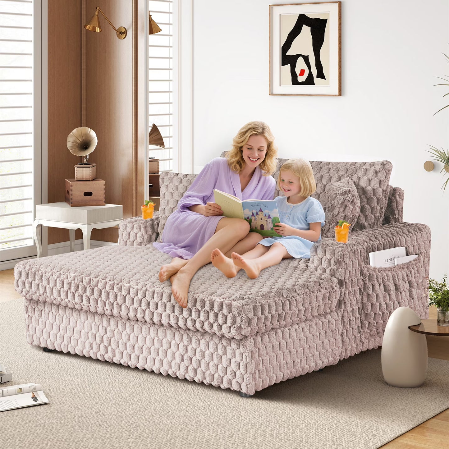 Aukfa Oversized Chaise Lounge Loveseat Couch with 2 Cup Holders& Throw Pillows, Fluffy Corduroy, Olive Green