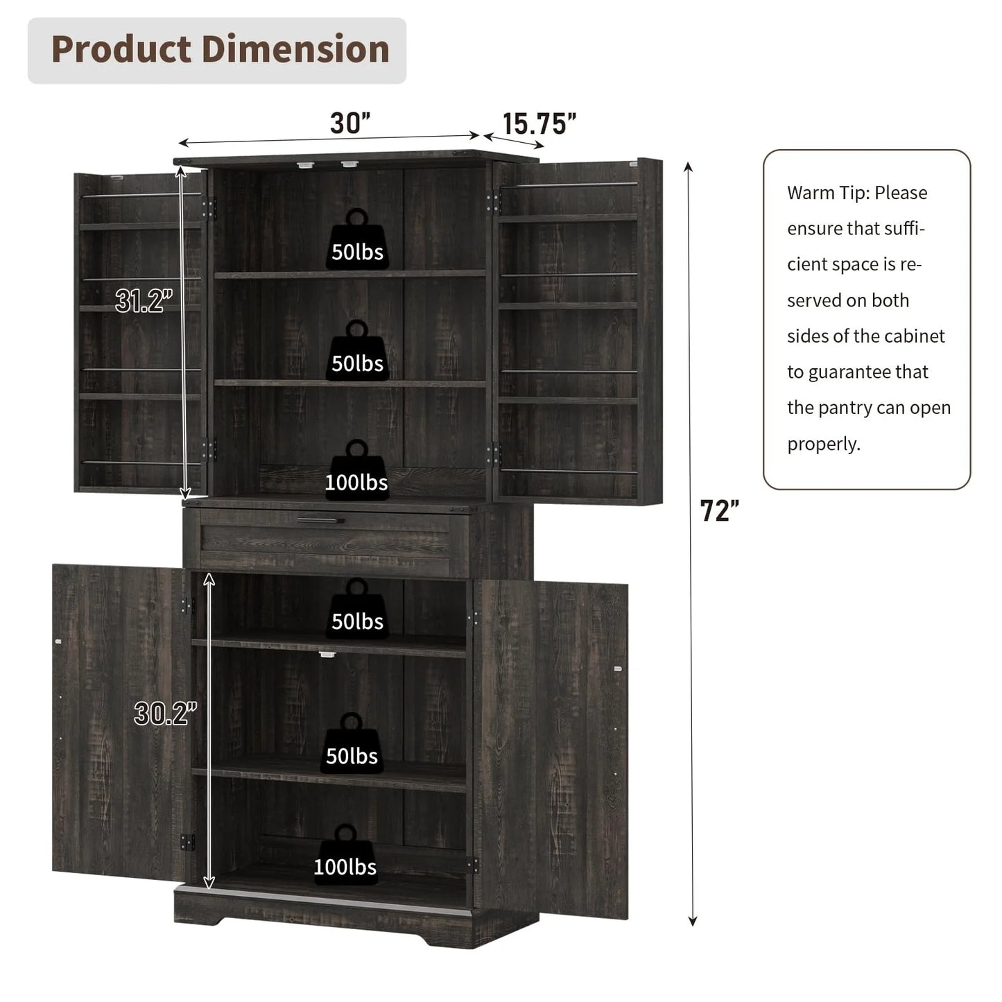 FUSOU 72'' Kitchen Storage Pantry Cabinet, Tall Storage Cabinet with 8 Door Shelves, 2 Cabinets and 1 Drawer, Freestanding Cupboard for Kitchen, Dining Room, Bathroom, Laundry