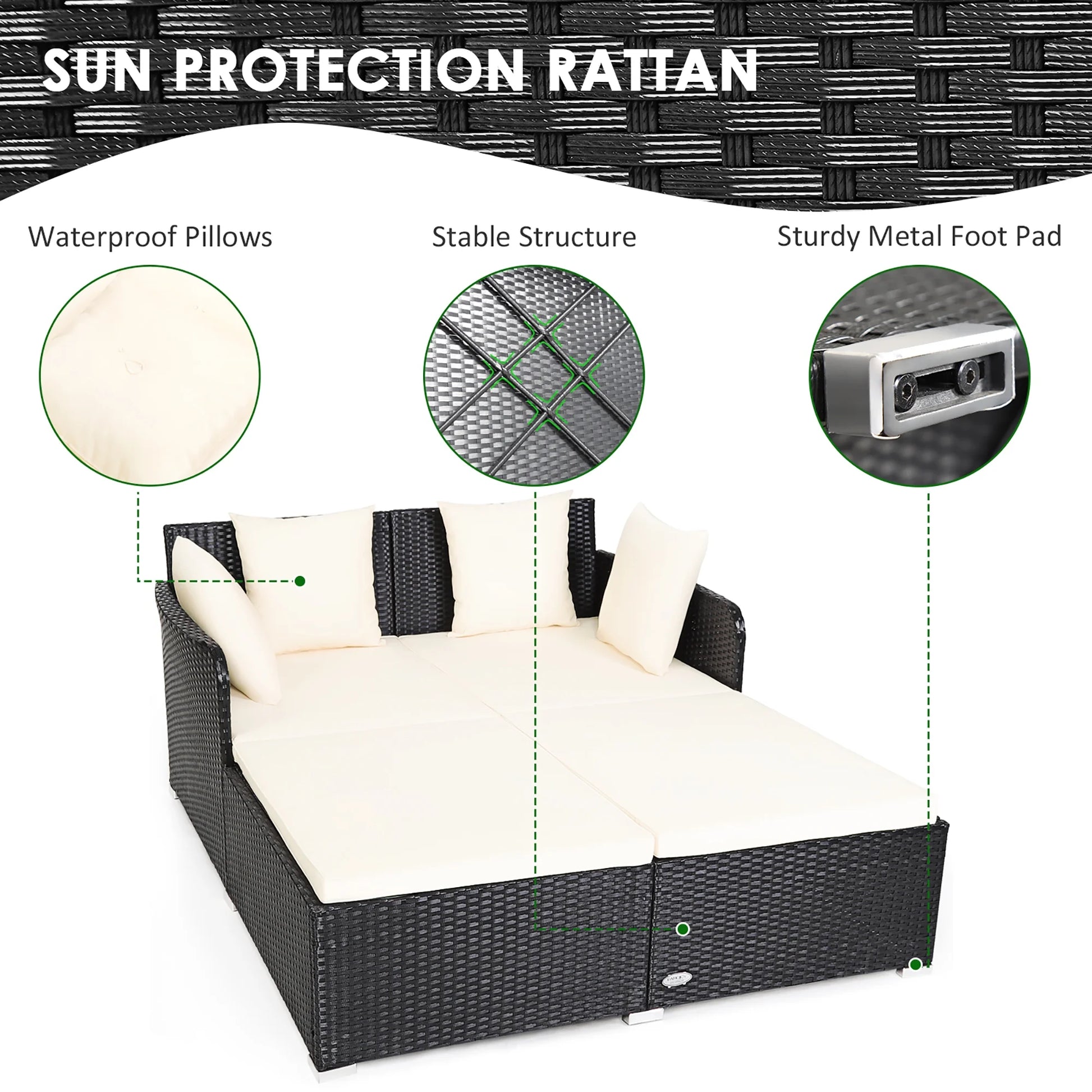 Costway Outdoor Patio Rattan Daybed Pillows Cushioned Sofa Furniture Beige
