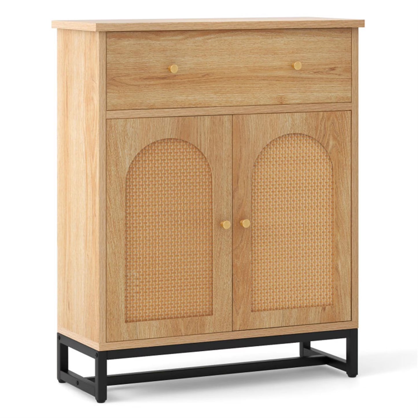 Finihen Accent Floor Storage Cabinet with Rattan Doors, Bathroom Cabinet with Large Drawer, Freestanding Storage Cabinet Organizer, Beige