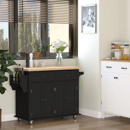 HomCom Rolling Kitchen Island Cart with Rubber Wood Top, Spice Rack, Towel Rack & Drawers