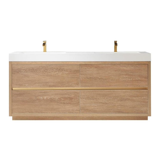 Huesca 72" Double Sink Bathroom Vanity Natural Oak Wood White Top No Mirror