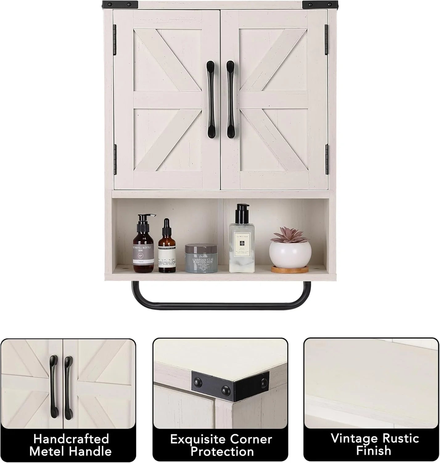 Farmhouse Wall Storage Cabinet with Two Barn Door, Rustic Mounted Medicine Cabinet with Adjustable Shelf and Towel Bar, 3-Tier Wood Cabinet for Kitchen, Bathroom, Living Room (Vintage White)