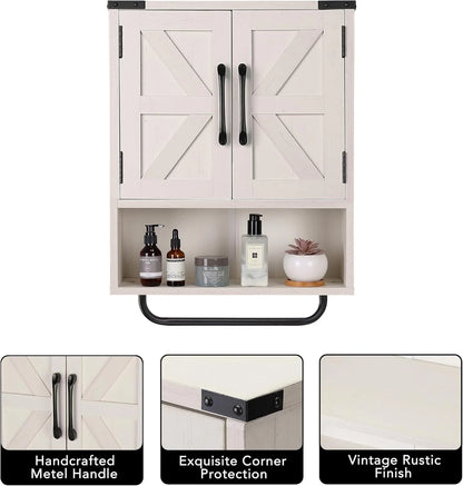 Farmhouse Wall Storage Cabinet with Two Barn Door, Rustic Mounted Medicine Cabinet with Adjustable Shelf and Towel Bar, 3-Tier Wood Cabinet for Kitchen, Bathroom, Living Room (Vintage White)
