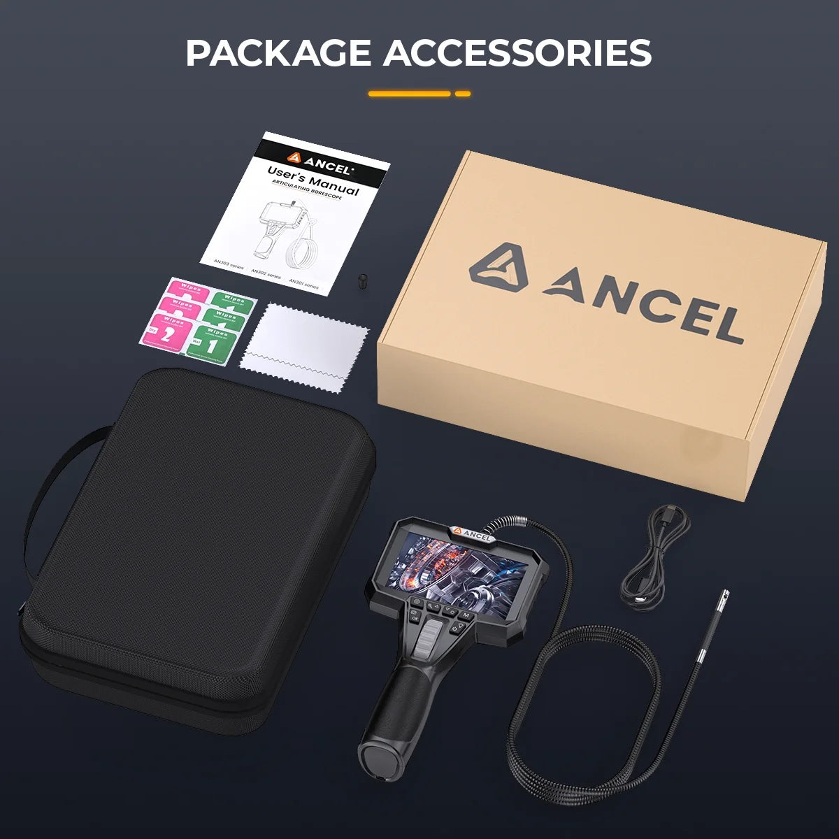 ANCEL AN302 2-Way Articulating Borescope Camera with Light, 0.24in Articulated Probe of 5.25FT Industrial Endoscope Inspection Camera Scope
