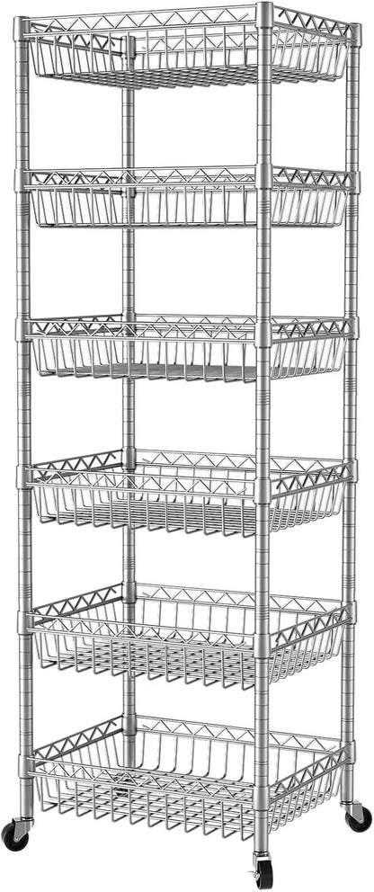 6 Tier Wire Shelving Unit with Wheels Baskets Storage Rack Corner Shelves Adjustable Shelf Closet Bathroom Organizers Metal Pantry Kitchen Garage Laundry Room 13.5" D x 13.5" W x 63" H Silver