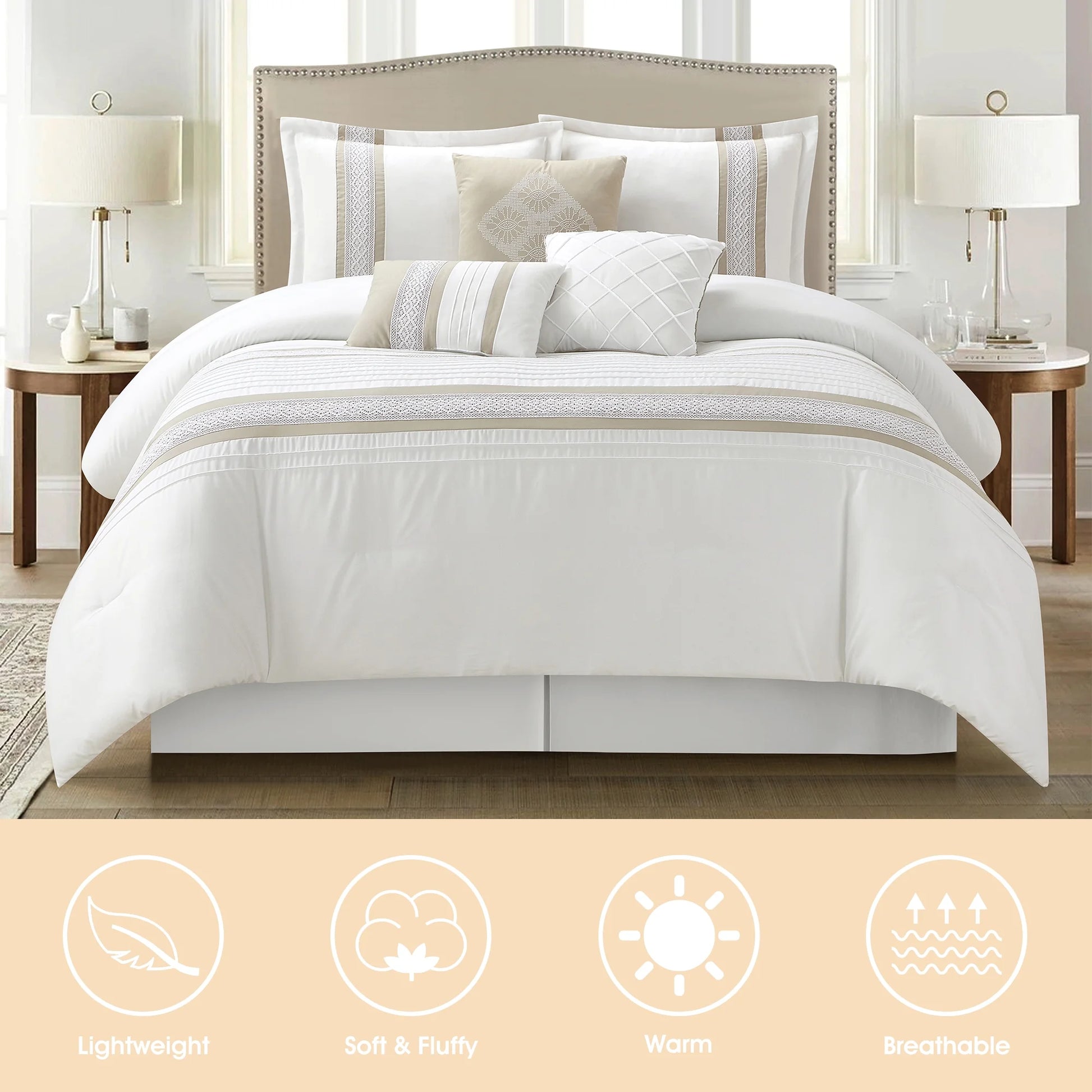 Lanco Striped 7 Piece Taupe Comforter Set, King Size Microfiber Bedding, All Season Bedding Set, Bed Skirt, Pillows & Shams