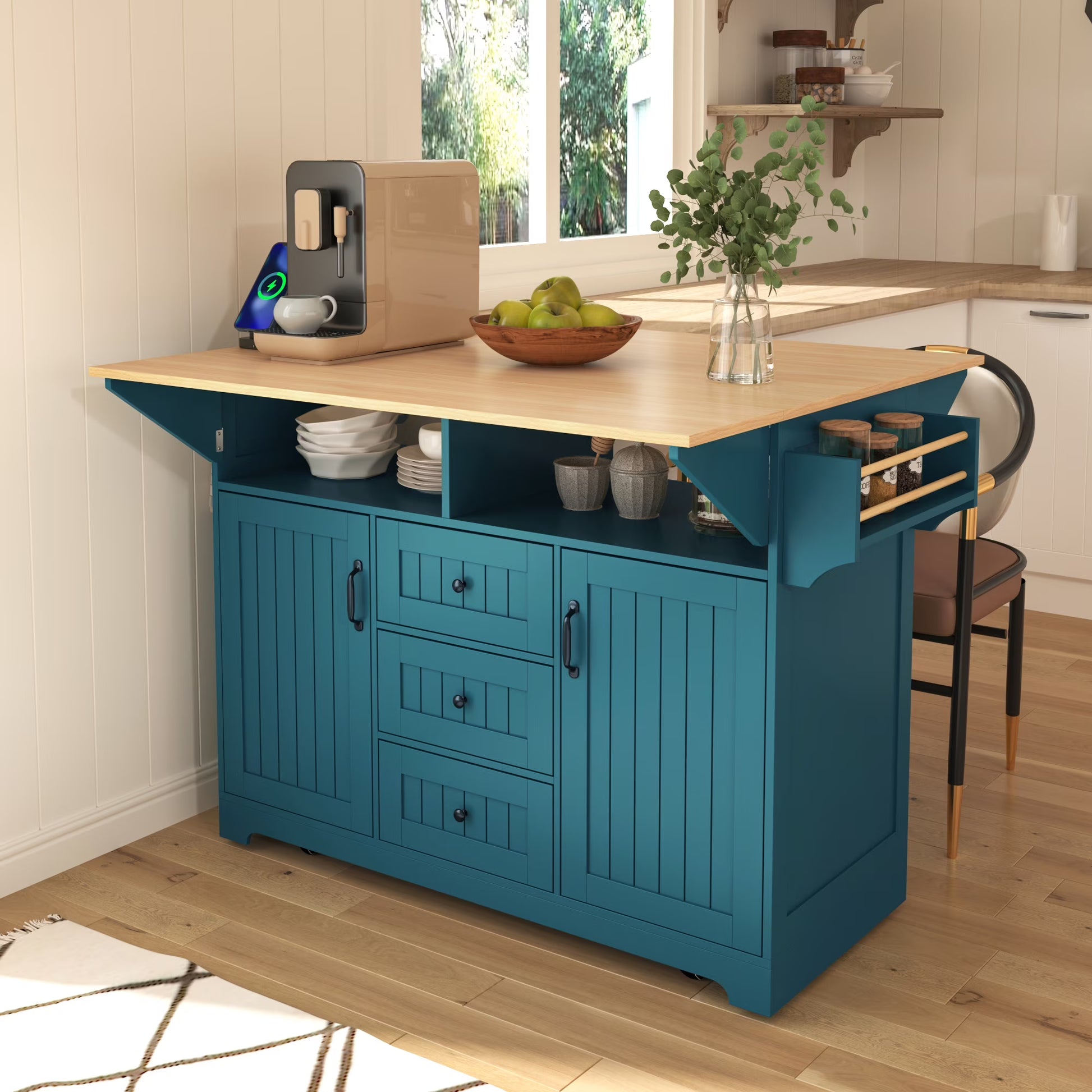 Yoneston 55.7" Kitchen Island with Drop Leaf and Power Outlet, Rolling Kitchen Cart with Spice Towel Rack, Folding Storage Dining Table with 3 Drawers 2 Doors for Kitchen Dining Room, White