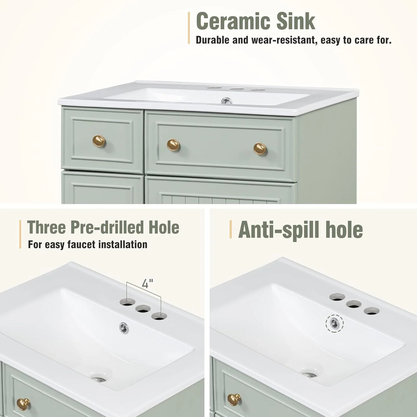 24-Inch Bathroom Vanity Cabinet with Ceramic Sink, 2 Drawers, 1 Door, Light Green