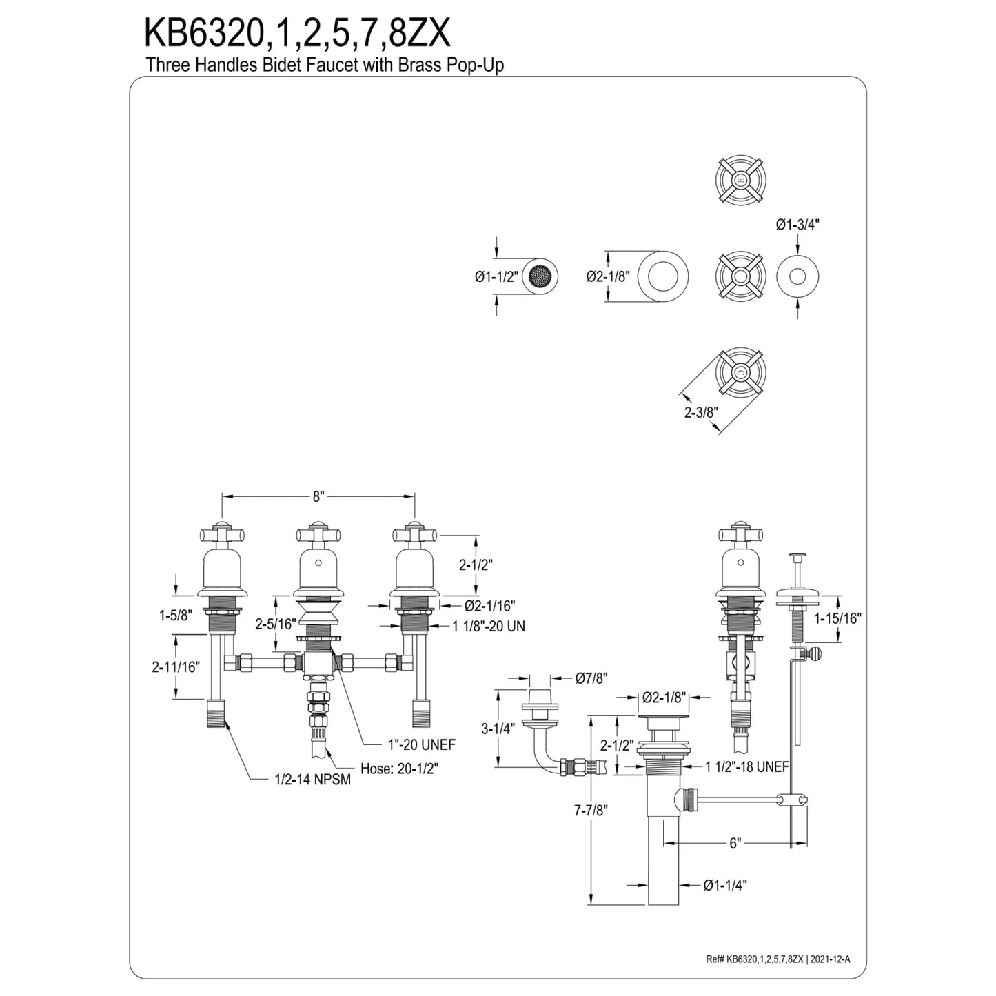 Kingston Brass KB6328ZX Millennium Three-Handle Bidet Faucet, Brushed Nickel