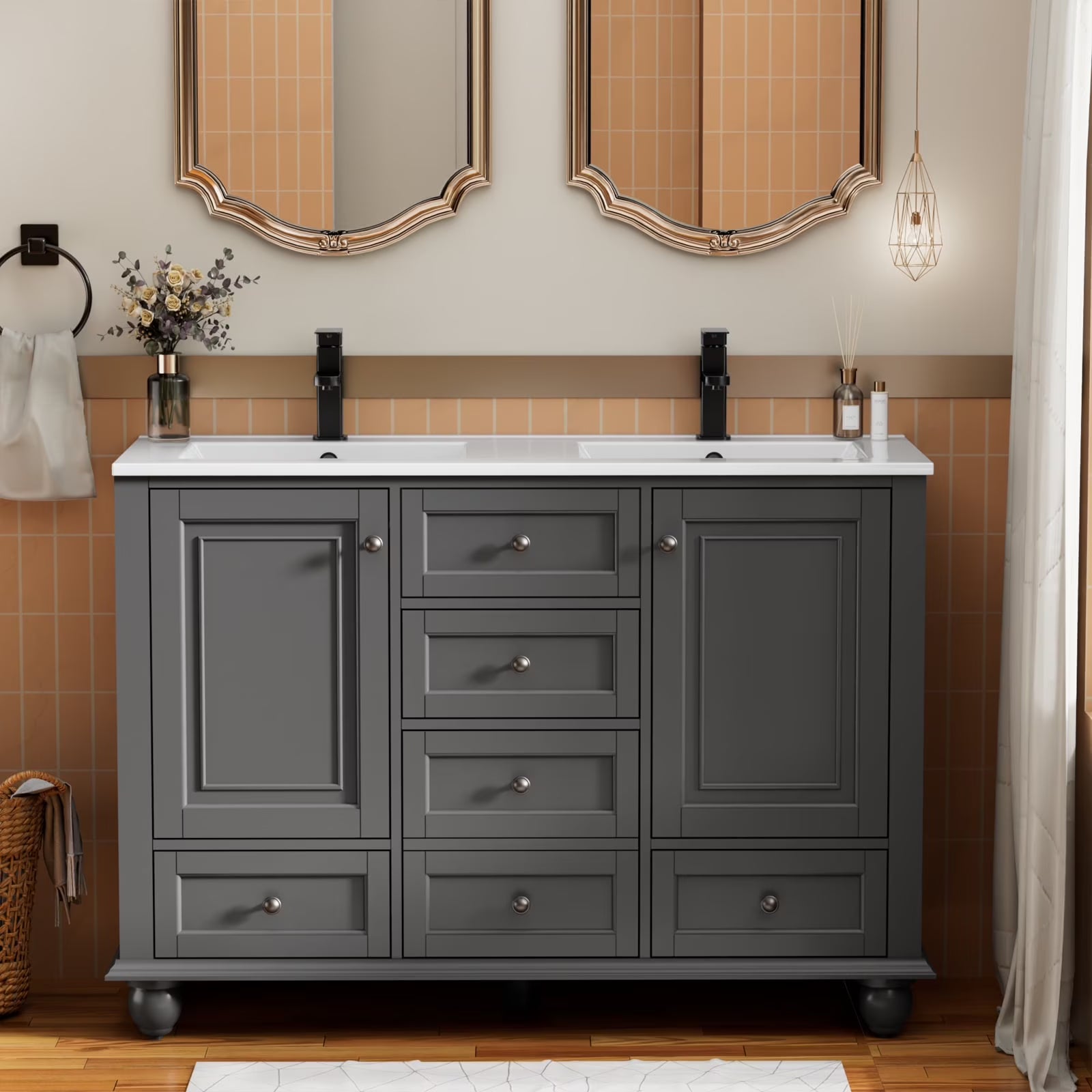 Eclife 48" Double Sink Bathroom Vanity with Top, Zinc Alloy Faucet, Painted Surface, Soft-Close Doors