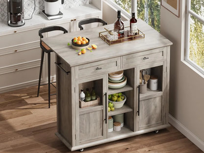 WALYWIK Foldable Kitchen Island Cart with Wheels, 2 Glass Doors, Spice Rack & Towel Holder - Compact Mobile Storage Cart for Small Kitchens, Dining Rooms, Camping & RVs - Grey