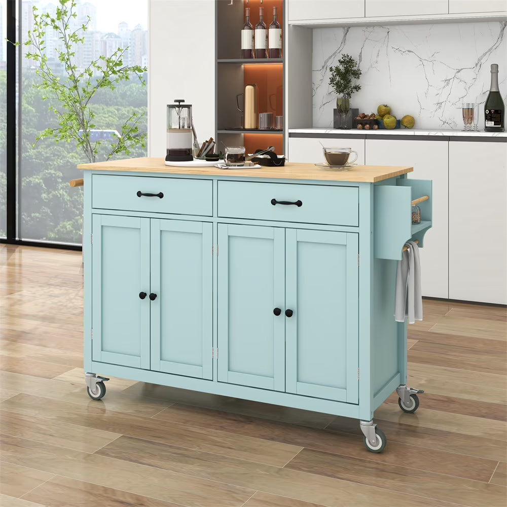Kitchen Island Cart with Drop-Leaf Tabletop and Locking Wheels, 52.7" Large Kitchen Trolley Cart with 2 Door Cabinet and 3 Storage Drawers, Spice Rack Towel Rack, Rolling Kitchen Island Cart, White