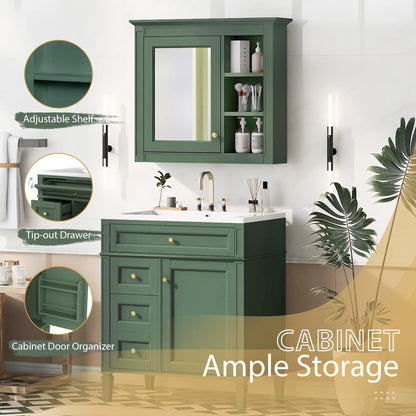 30'' Bathroom Vanity with Top Sink, Freestanding Vanity Set with Mirror Cabinet,Green