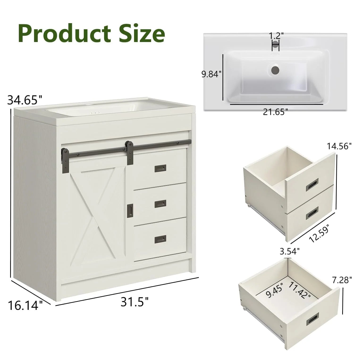 DreamCurship 32" Bathroom Vanity with Sink Combo, White Bathroom Storage Cabinet with Drawers, Farmhouse Bathroom Vanity Cabinet with Sliding Barn Doors, White