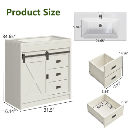 DreamCurship 32" Bathroom Vanity with Sink Combo, White Bathroom Storage Cabinet with Drawers, Farmhouse Bathroom Vanity Cabinet with Sliding Barn Doors, White