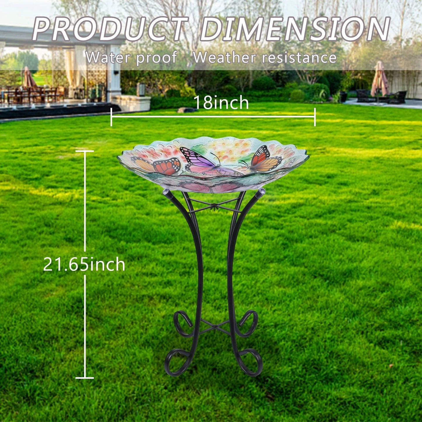 Glass Birdbath with Metal Stand Outdoor for Lawn Yard Garden Butterfly Decor, 18” Dia 21.65” Height