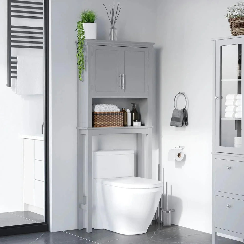 Kepooman Toilet Storage Cabinet, Toilet Organizer Cabinet,Modern Over The Toilet Storage Cabinet, Double Door Bathroom Organizer with Open Shelf, Grey