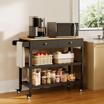 AIZYT Kitchen Island Cart with Storage, 40° Wooden Top, 2 Tiers Spacious Shelves and Towel Bar, 2 Drawer Mobile Trolley Cart On Metal Wheels with Hooks for Dining Room, Bar, Outdoor, Black