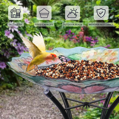 Glass Birdbath with Metal Stand Outdoor for Lawn Yard Garden Butterfly Decor, 18°?Dia 21.65°?Height