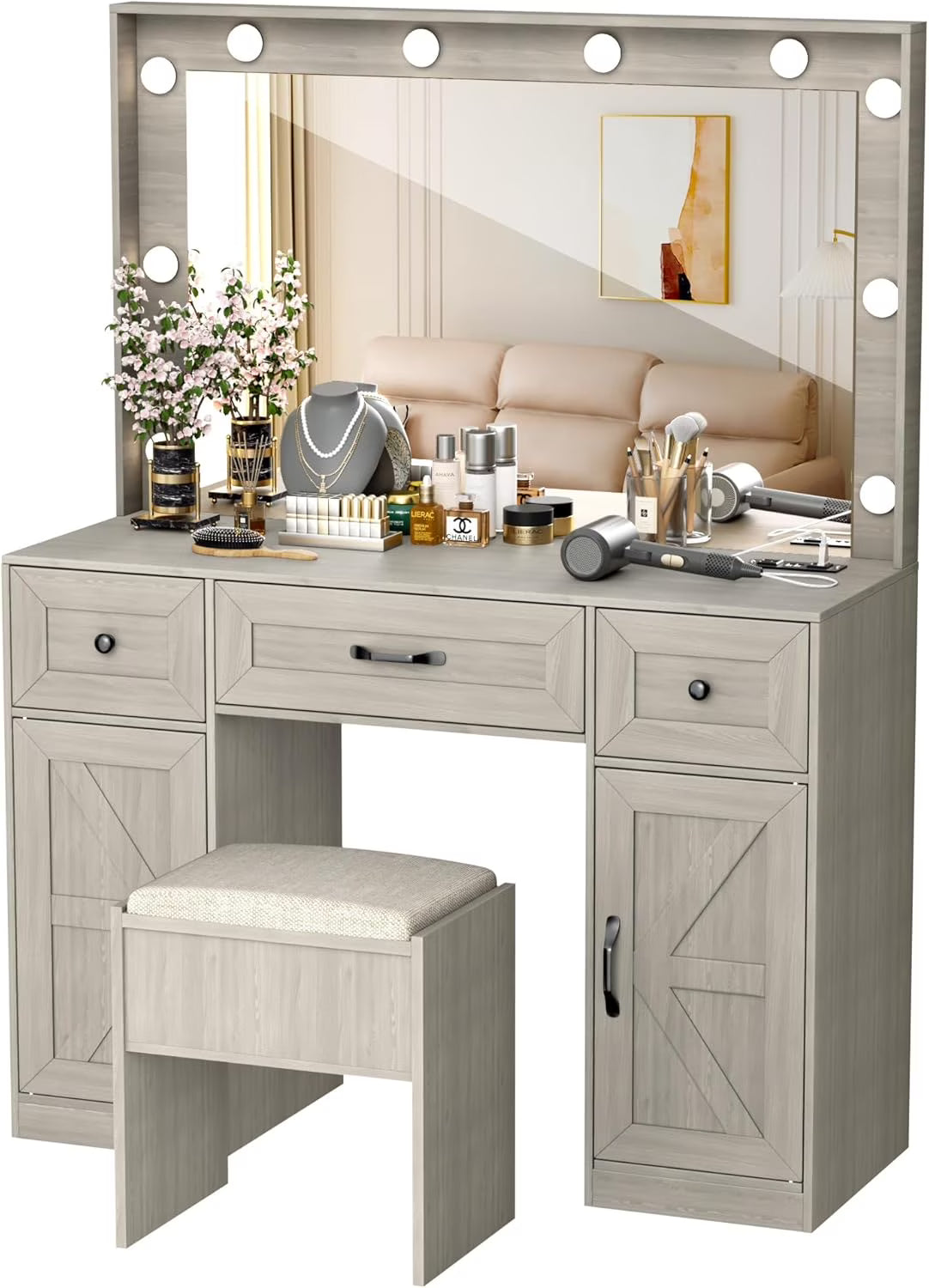 Vanity Table Set with Lighted Mirror,Makeup Dressing Table with 10 Light Bulbs and Touch Switch, 2 Large Drawers and Cushioned Stool for Women Girls Fit Bedroom, Bathroom (White)