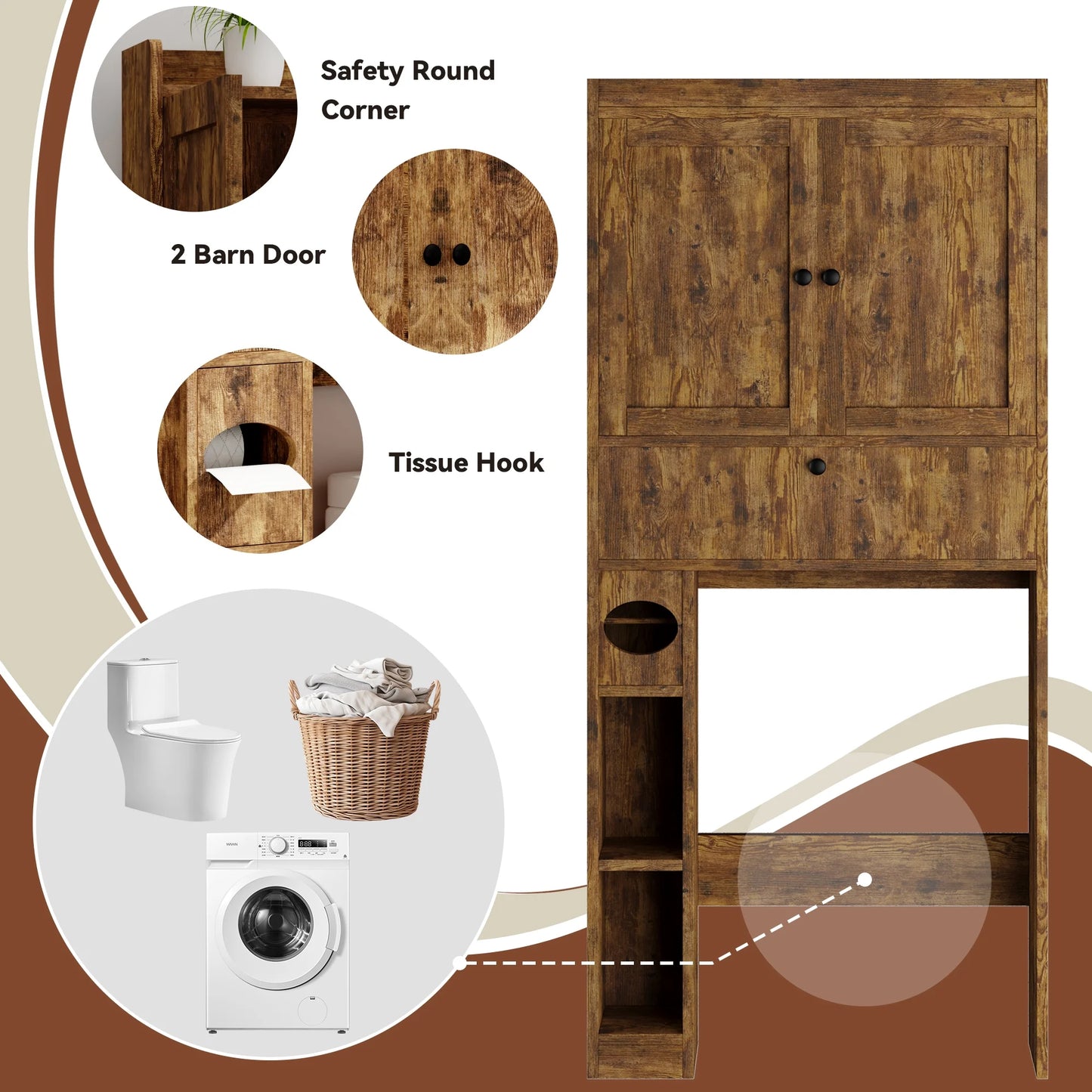 Over The Toilet Storage Cabinet,Bathroom Storage Cabinet with Wooden Doors,Bathroom Organizer Over-The-Toilet Cabinet(Distressed Brown)